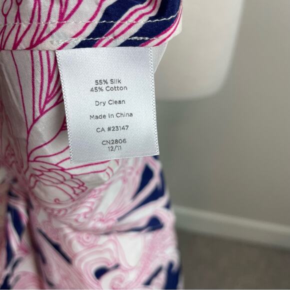 Talbots Navy White Pink Floral Faux Wrap Silk Blend Top 14W - Picture 5 of 9